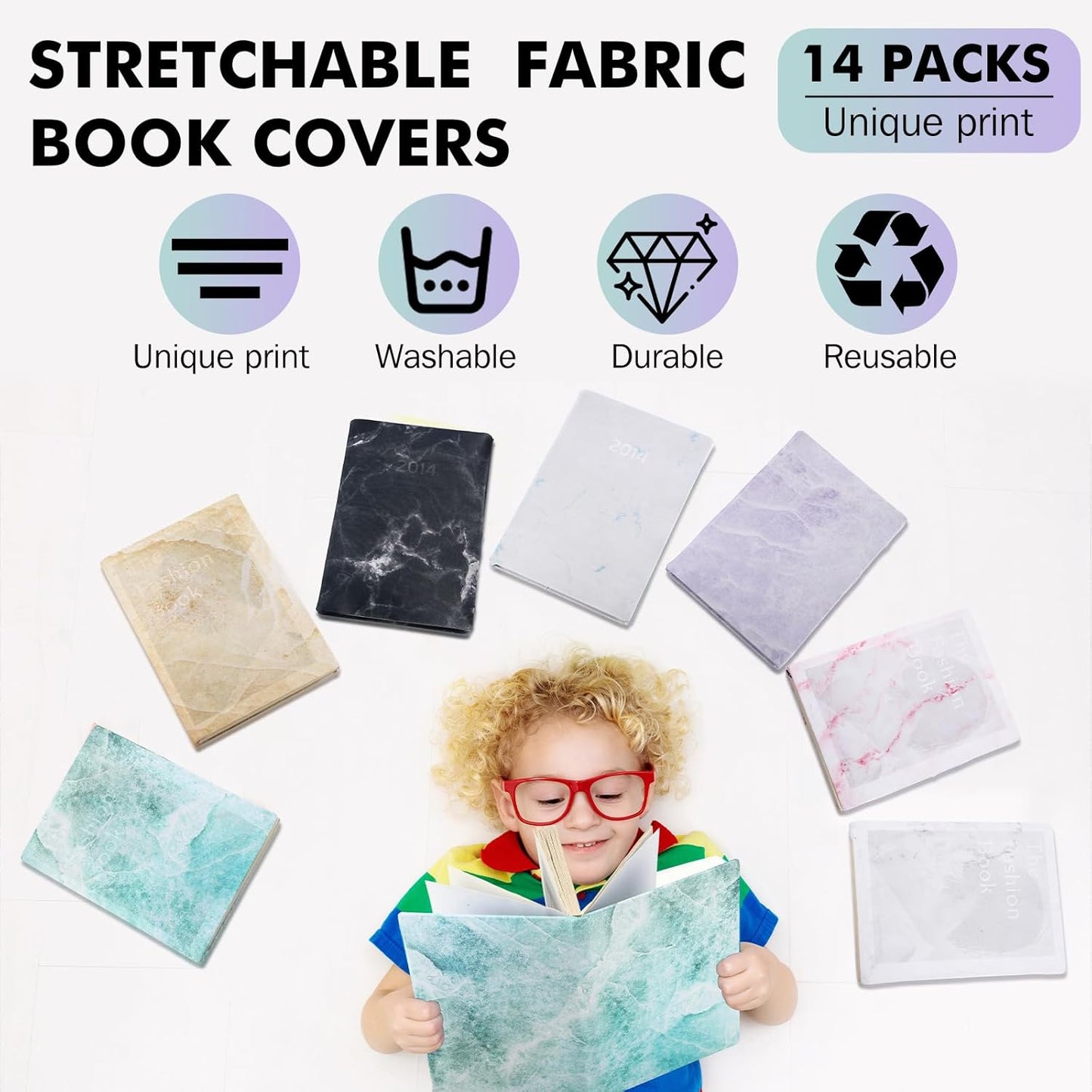 Sherr 14 Pack Stretchable Book Covers Reusable Jumbo Bookcloth 9" x 11" Durable Washable Back to School Book Cover Protector for Most Hardcover Books Textbooks(Fresh,Marble)