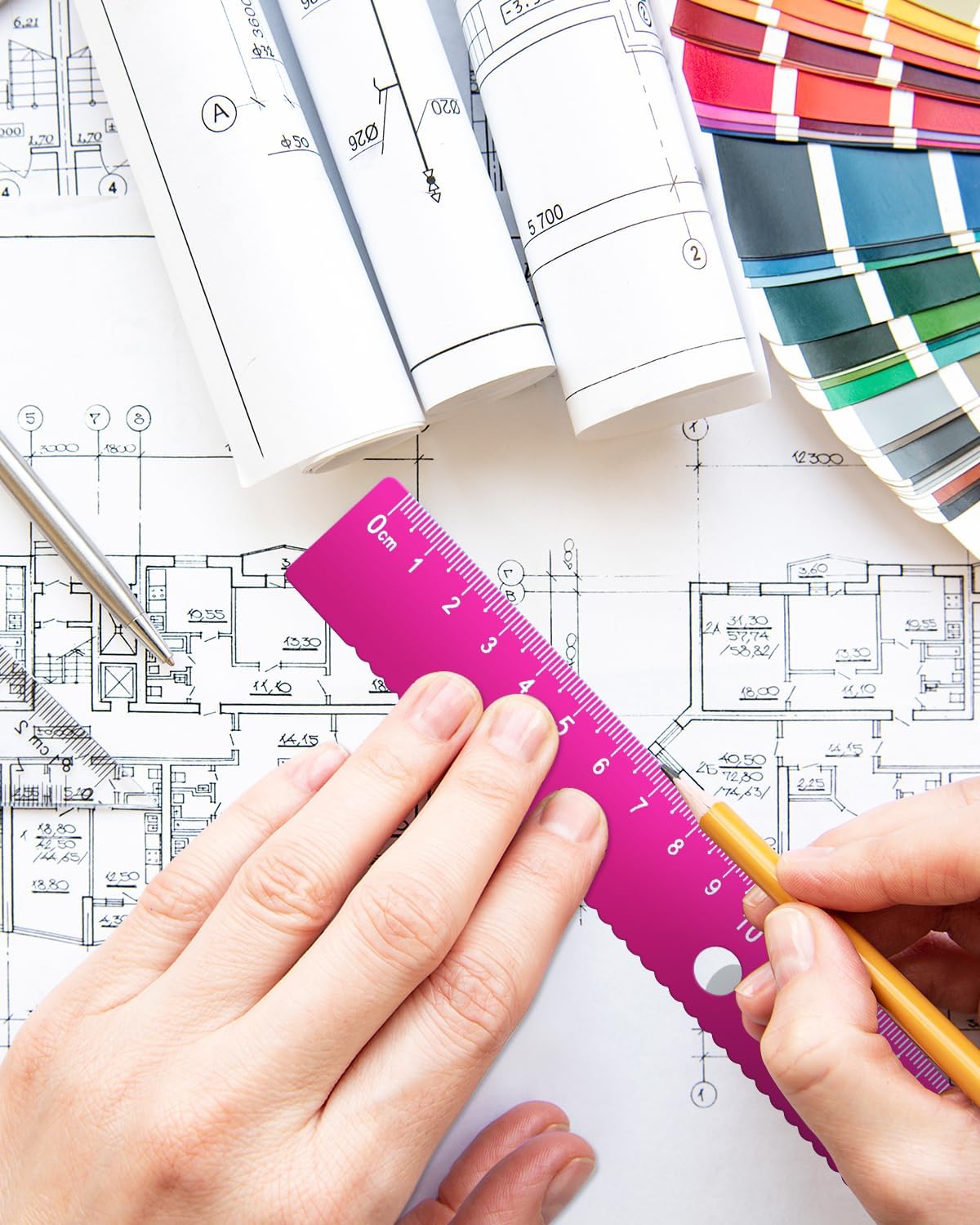 Honagu Triangular Ruler Set, 4+1Pieces Aluminum Alloy Ruler, Metal Drafting Ruler, Geometric Protractor for Students, School Office Supplies (Pink, 20cm)