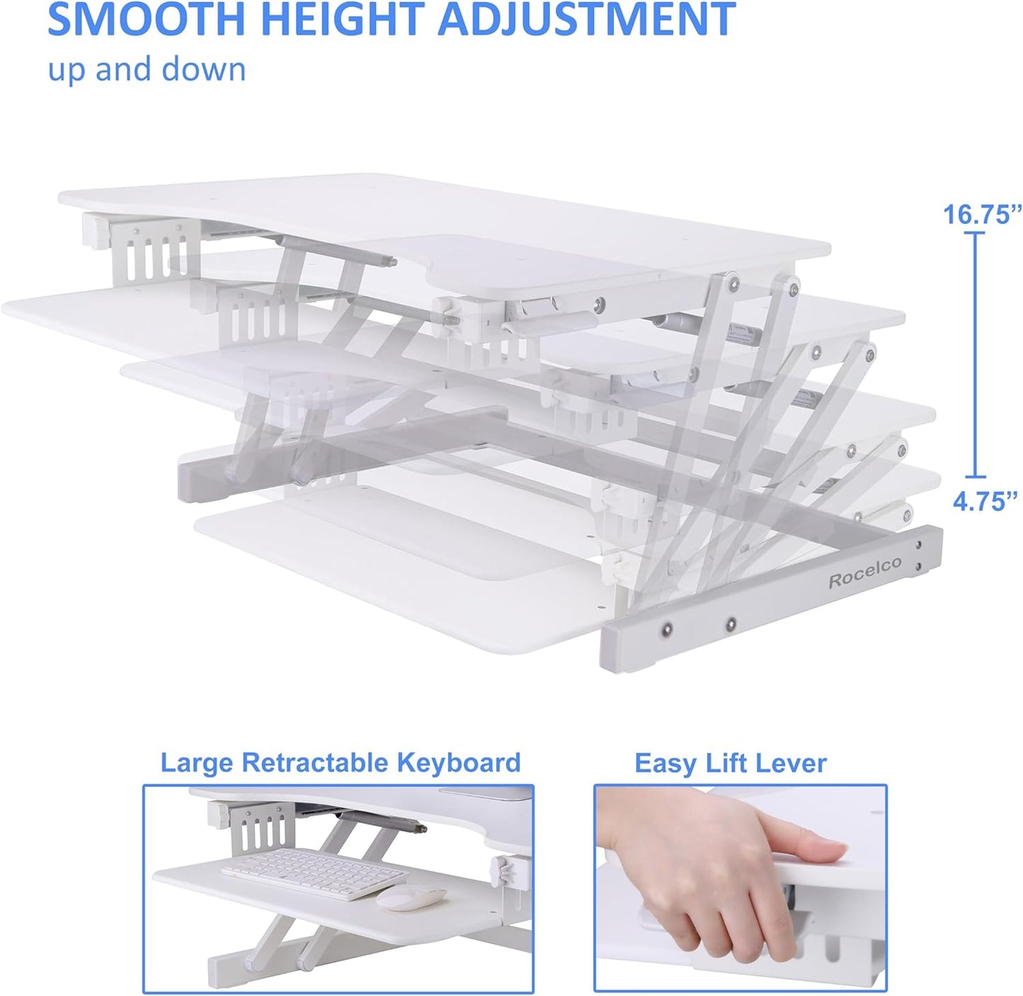 Rocelco 32" Height Adjustable Standing Desk Converter with Anti Fatigue Mat BUNDLE | Sit Stand Up Dual Monitor Riser | Computer Workstation | Large Retractable Keyboard Tray | White (R ADRW-MAFM)