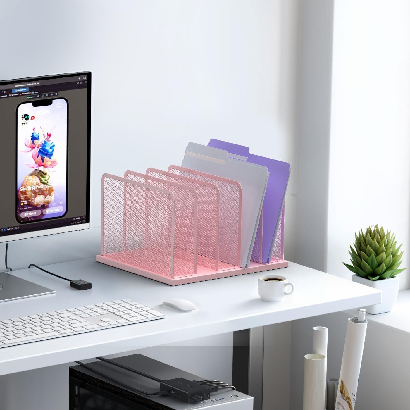 Kuntine.B Desk File Organizer Upright Mesh Desktop Organizer File Sorter Office Organization File Holder for Home, Office & Classroom (Pink, 1 Pack 5-Section)