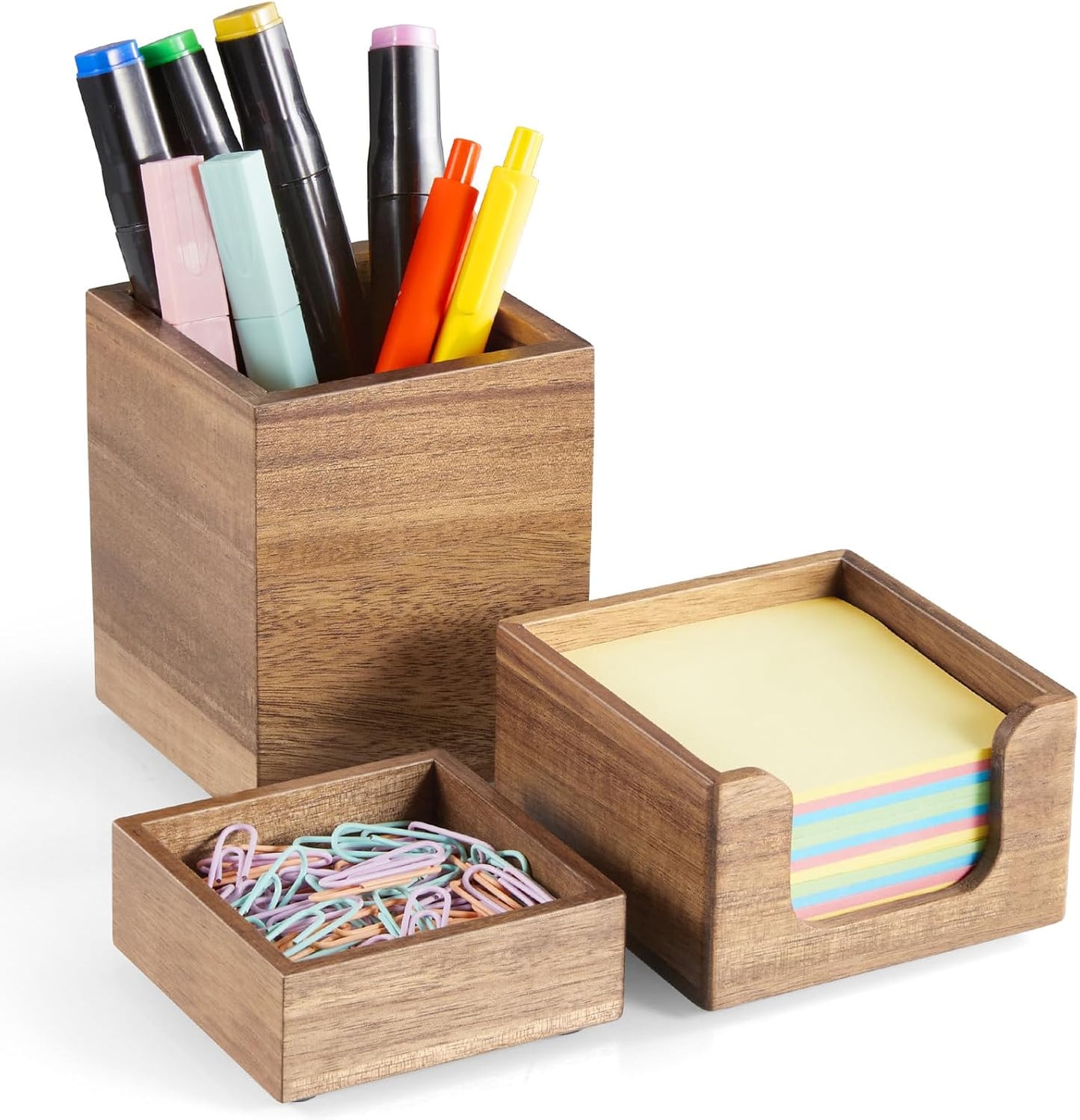 Desk Organizer Set of 3 - Acacia Wood Office Desk Accessories - Desk Organizers and Accessories for Women Men - Set incl. Pencil Pen Holder, Paperclip Storage and Sticky Note Holder