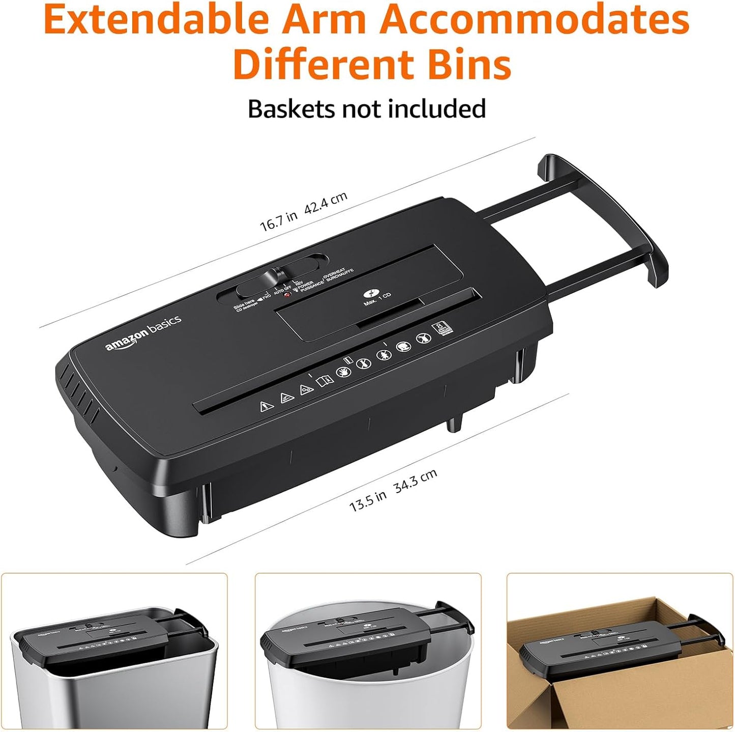 Amazon Basics 8-Sheet Strip Cut Paper, CD, and Credit Card Shredder with Auto-Off Compact, Portable Design, No Basket, Extendable Arm, Black