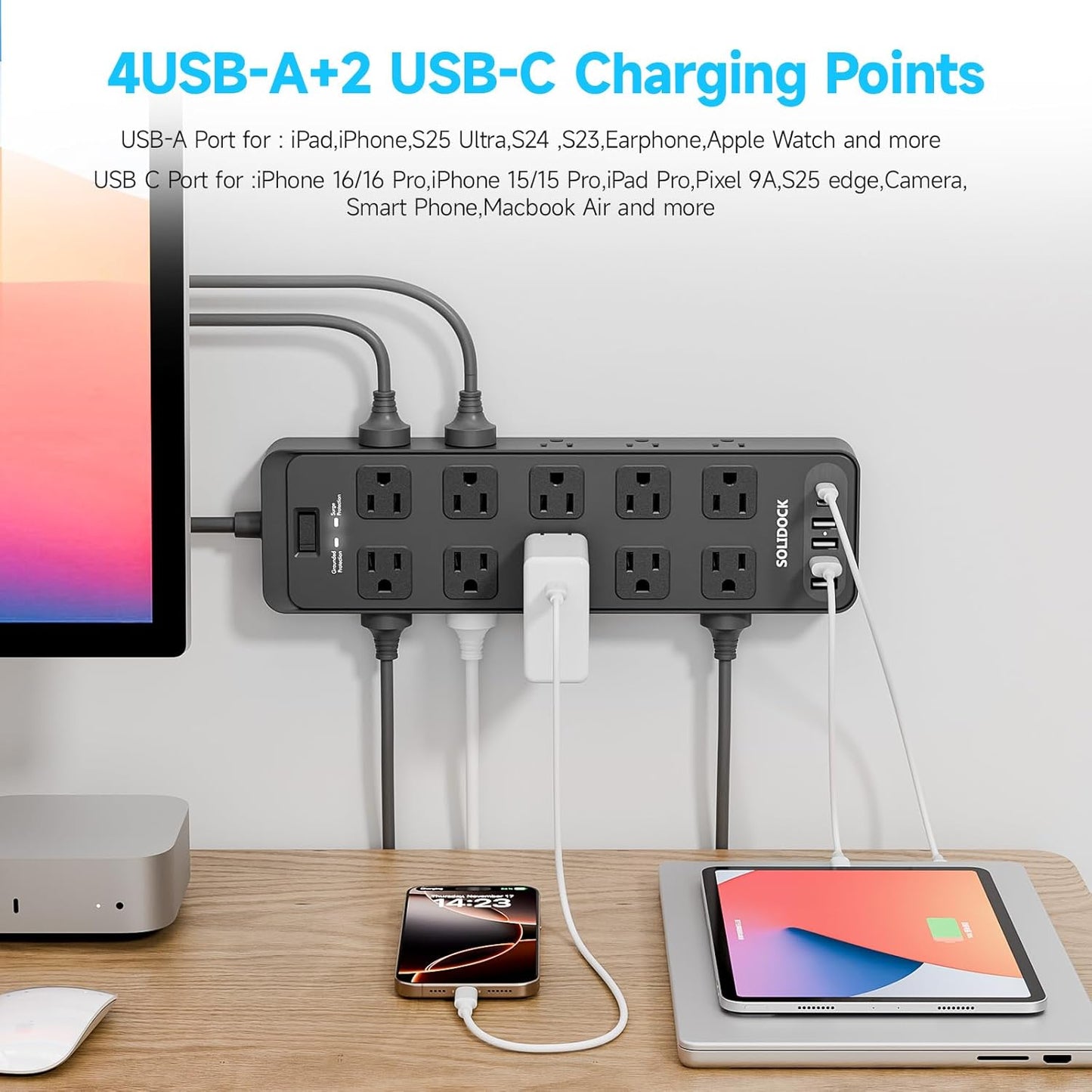 Power Strip Surge Protector Flat Plug with 20 AC Outlets 6 USB Chagring Ports, 1875W/15A, 2700J, 15 Feet Heavy Duty Extension Cord for Home, Office, Dorm, Gaming,ETL Listed (Black, 15FT)