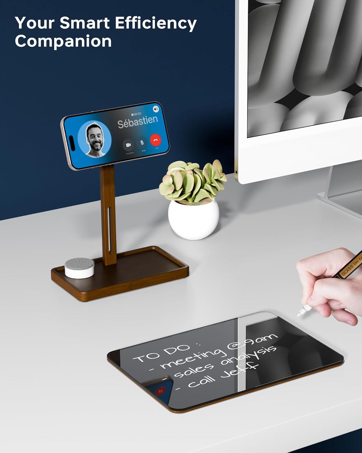 YEOUX Premium Desktop Glass Whiteboard & Magnetic Phone Stand 2-in-1 | 360° Adjustable | Solid Wood | MagSafe Compatible, Small Dry Erase Board for Office Home Desk