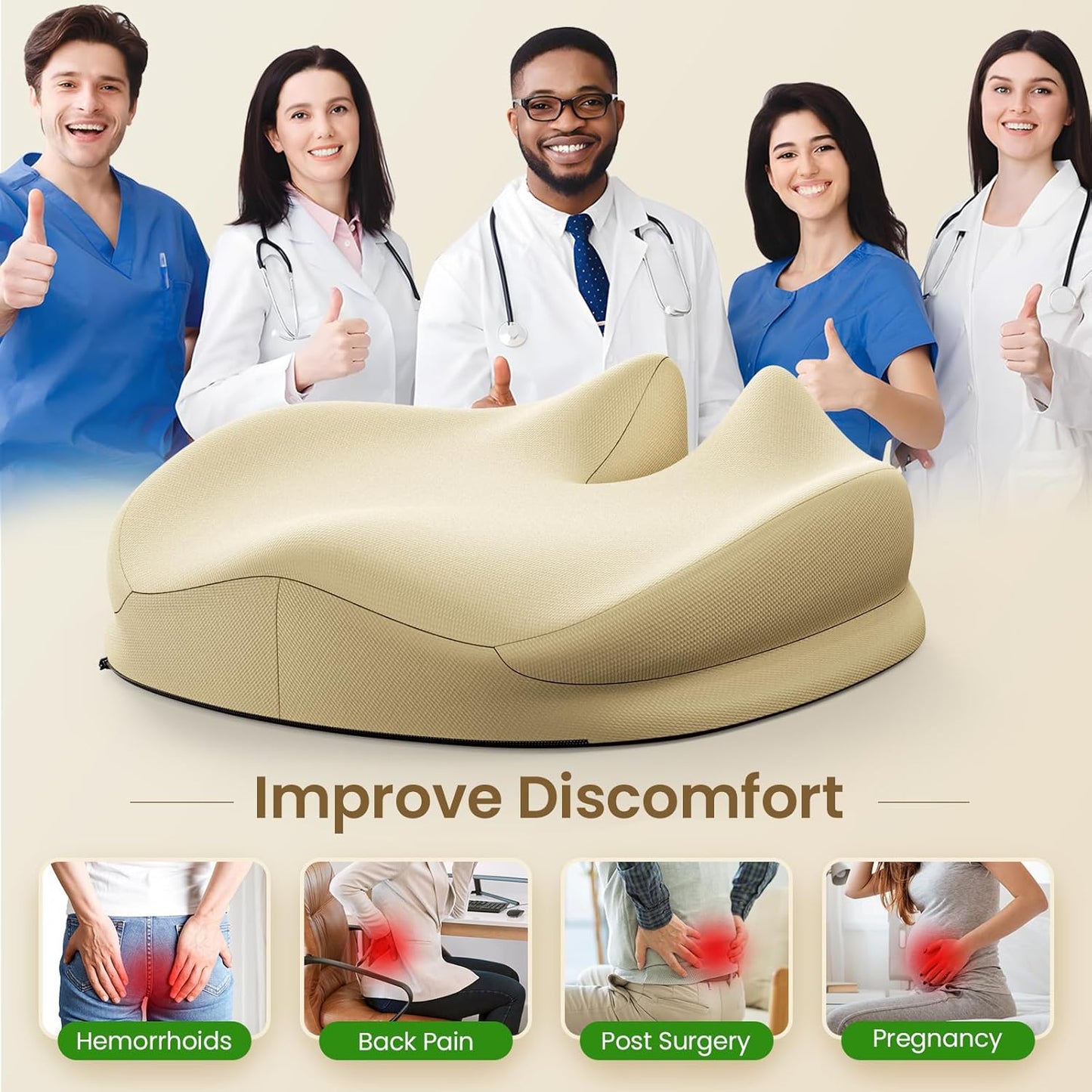 Benazcap Large Seat Cushion for Office Chair Memory Foam Coccyx Pain Relief Cushion Pillow for Back Support Non-Slip Seat Pad for Office Desk, Car Seat, Wheelchair, Sciatica-Beige