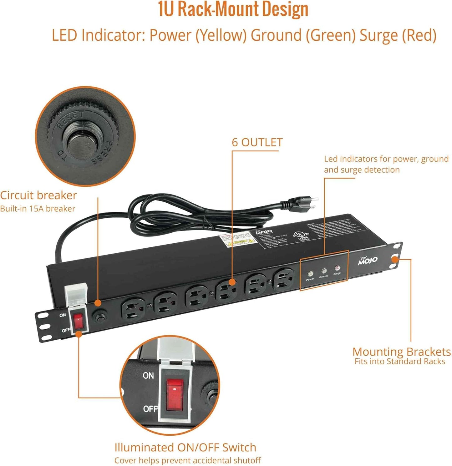 Tecmojo 1U Rackmount Network-Grade PDU Surge Protector Power Strip, 12 Outlets (6 Front, 6 Rear Wide Spaced) 12A 6ft Cord with 5-15P Lug - Black, UL Certified