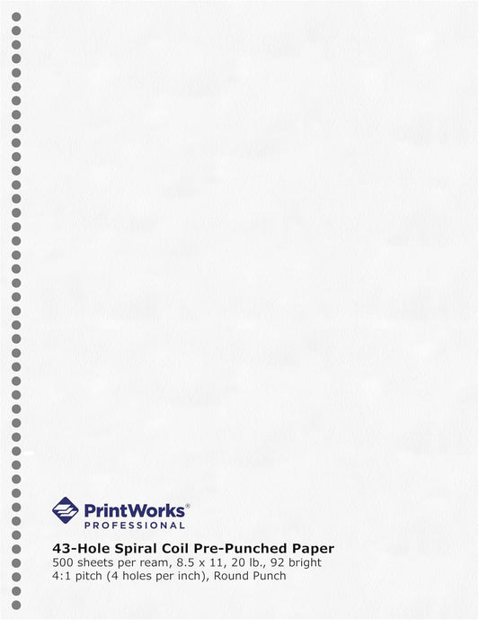 PrintWorks Professional Pre-Punched Spiral Binding Paper - 43-Hole (4:1 Pitch Hole Punch) - Book Binding Printer Paper - Made in the USA - 500 Sheets - 8.5" x 11" - 20 lb - 92 Bright White (04144)