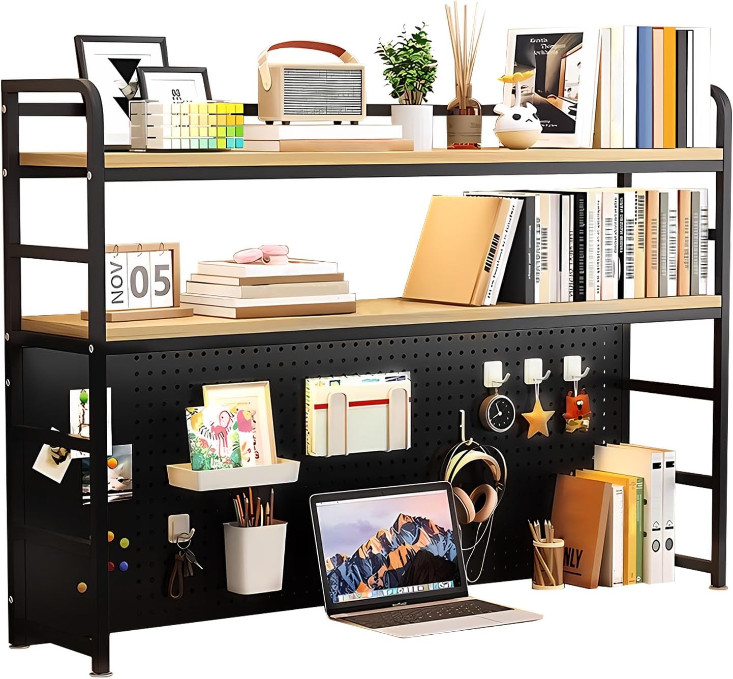 Desk Hutch Shelf Dorm 2 Tier Countertop Desktop Bookshelf With Pegboard,metal /MDF Desk Top Bookcase for Computer desk, Desk Storage Organizer Rack for Office Home Dormitory (black, 110cm/43.3in)