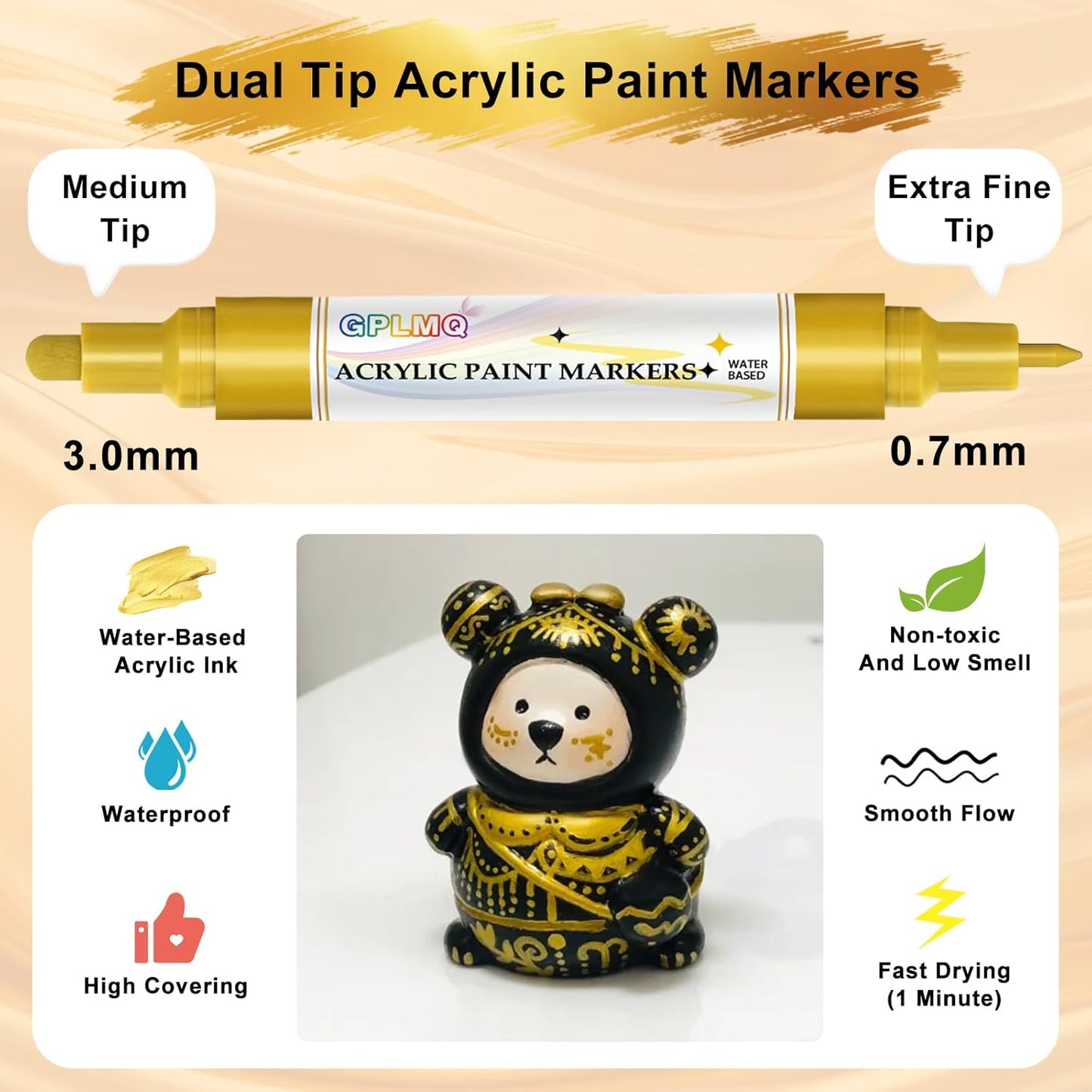 Paint Markers Paint Pens - 2 Pack Dual Tip Acrylic Permanent Marker (0.7mm & 3mm), Non-Toxic, Water-Based for Art Painting, Stone, Ceramic, Glass, Wood, Fabric, Metal, DIY Crafts (Gold)
