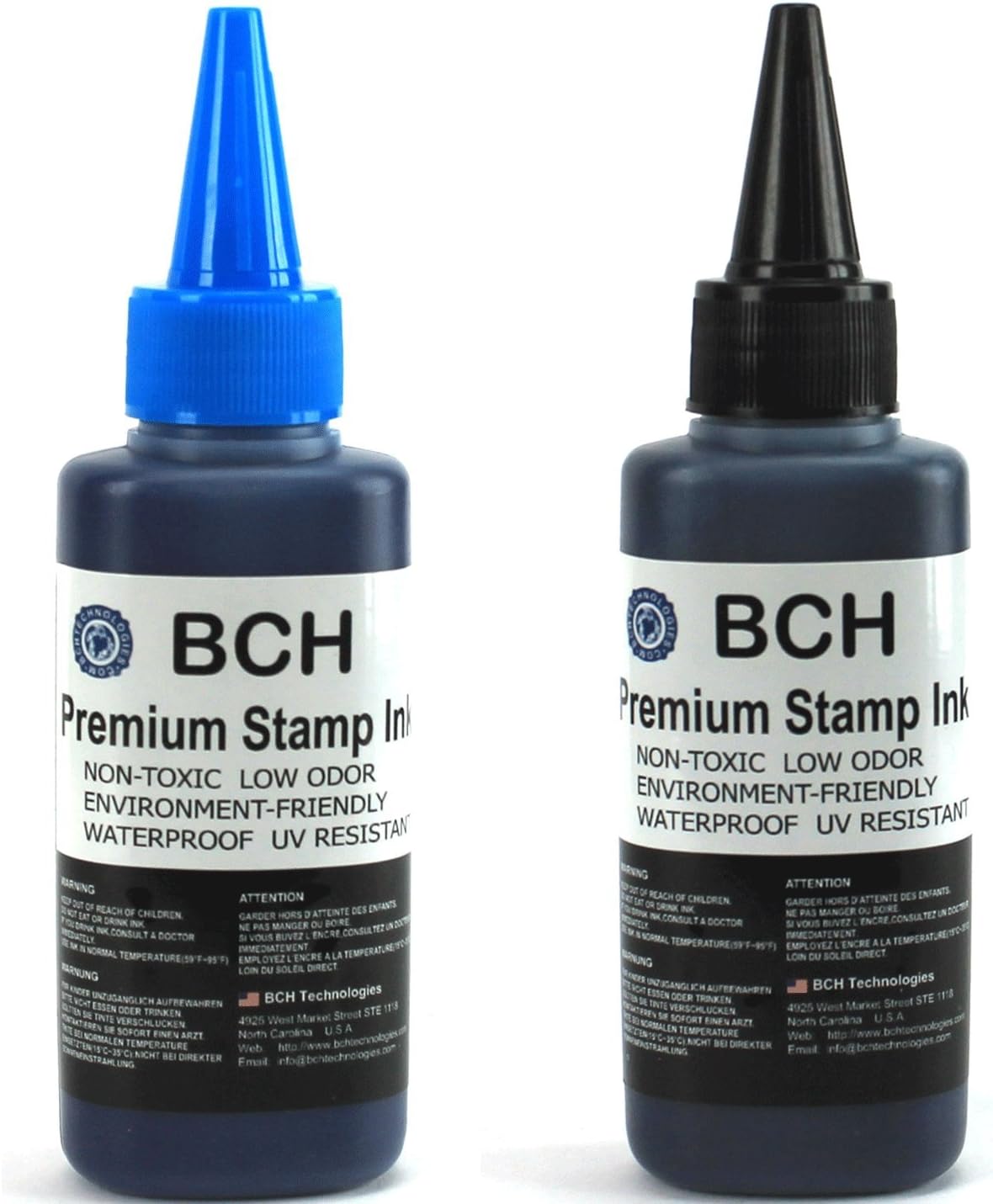 2X Black+ 1X Blue Stamp Ink Refill by BCH - Premium Grade -2.5 oz (75 ml) Ink Per Bottle (7.5 oz / 225 ml Total)