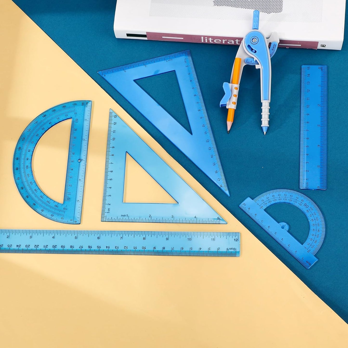 Zonon 1 Set Plastic Geometry Math Set 7 Pcs Includes 6'' / 4 '' Protractor, Drawing Compass, 45/60 Degree Triangle Rulers, 12'' / 6'' Math Ruler Transparent for Office Supplies(Blue)