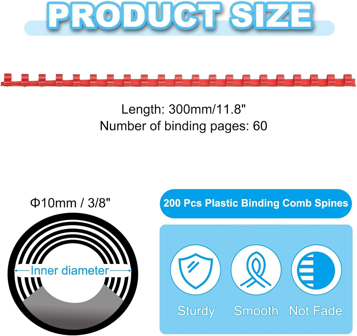 PATIKIL 10mm (3/8") Plastic Binding Combs, 200 Pcs 21 Rings Comb Binding Spines 60 Sheet Capacity Letter Size for Binding Paper Sheets Notebook Calendar Picture Album, Red