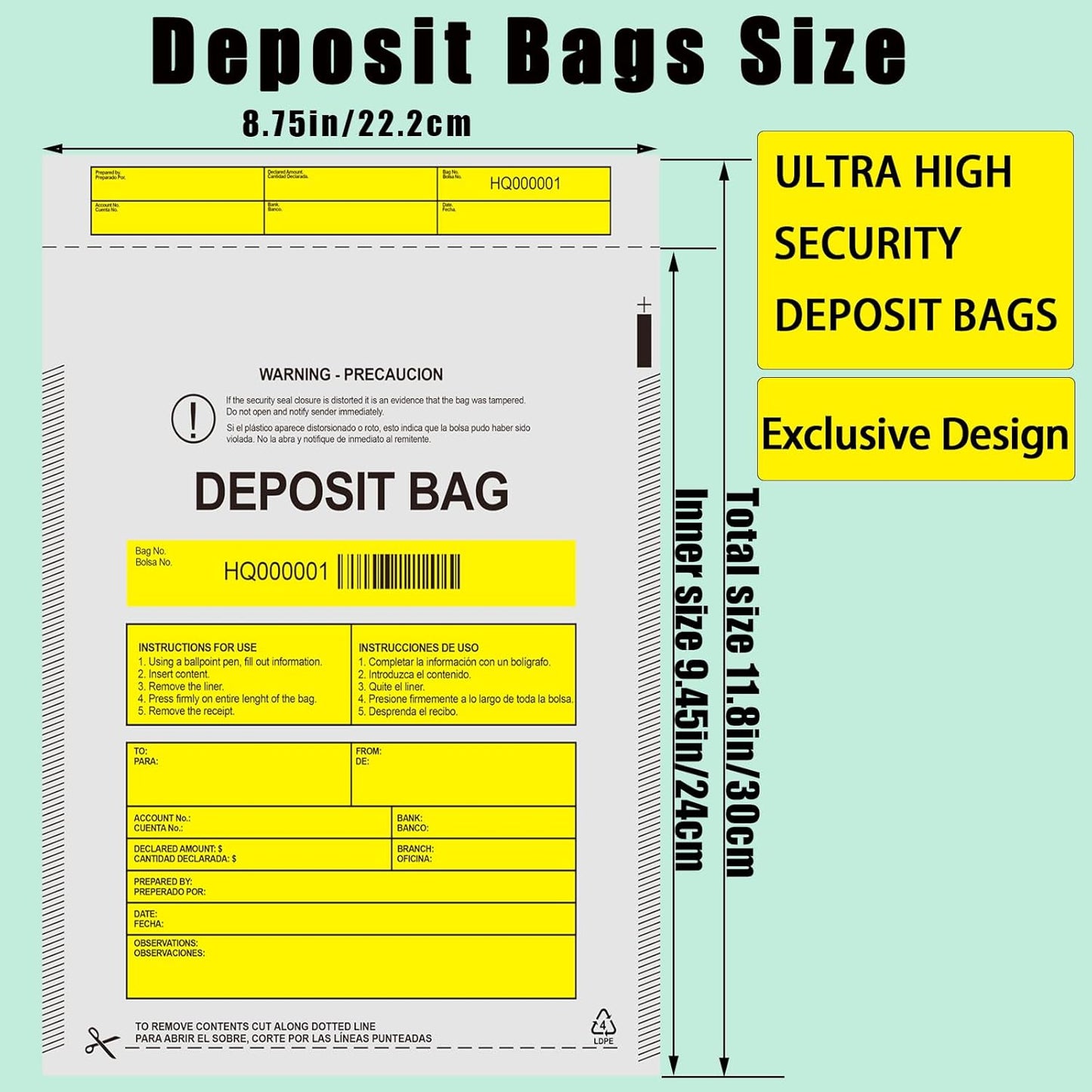 Plastic Deposit Bags 100 Pack 9''x12'', Opaque Security Bank Deposits,Cash register,Money bag for Cash,Bank Pocket,Tamper-Evident,Unique Barcode