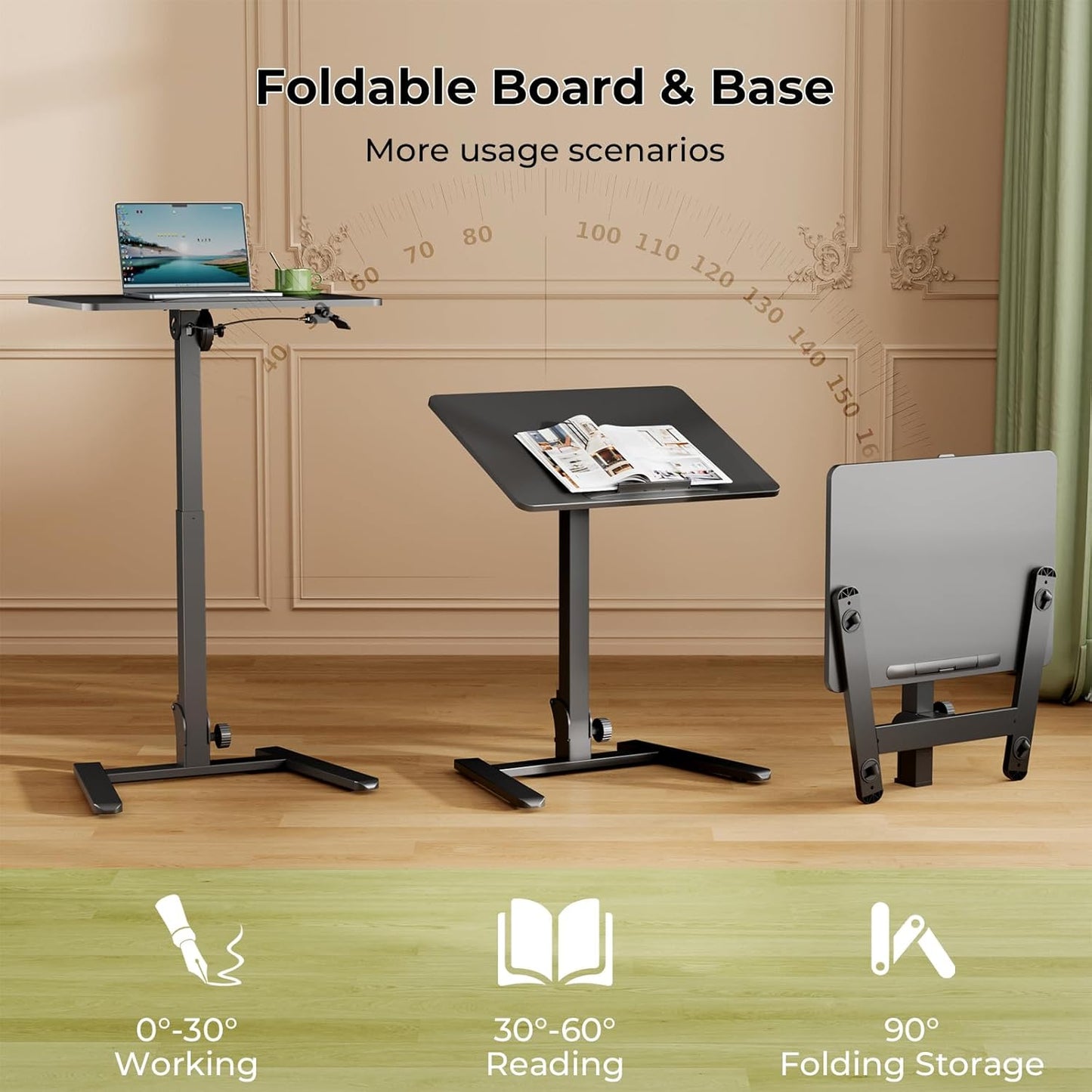 Foldable Standing Desk，Small Mobile Sit-Stand Desk with 90 Tiltable Top，Rolling Rising Laptop Workstation Adjustable Height，Portable Table on Hidden Wheels/4 Lockable Casters，Black