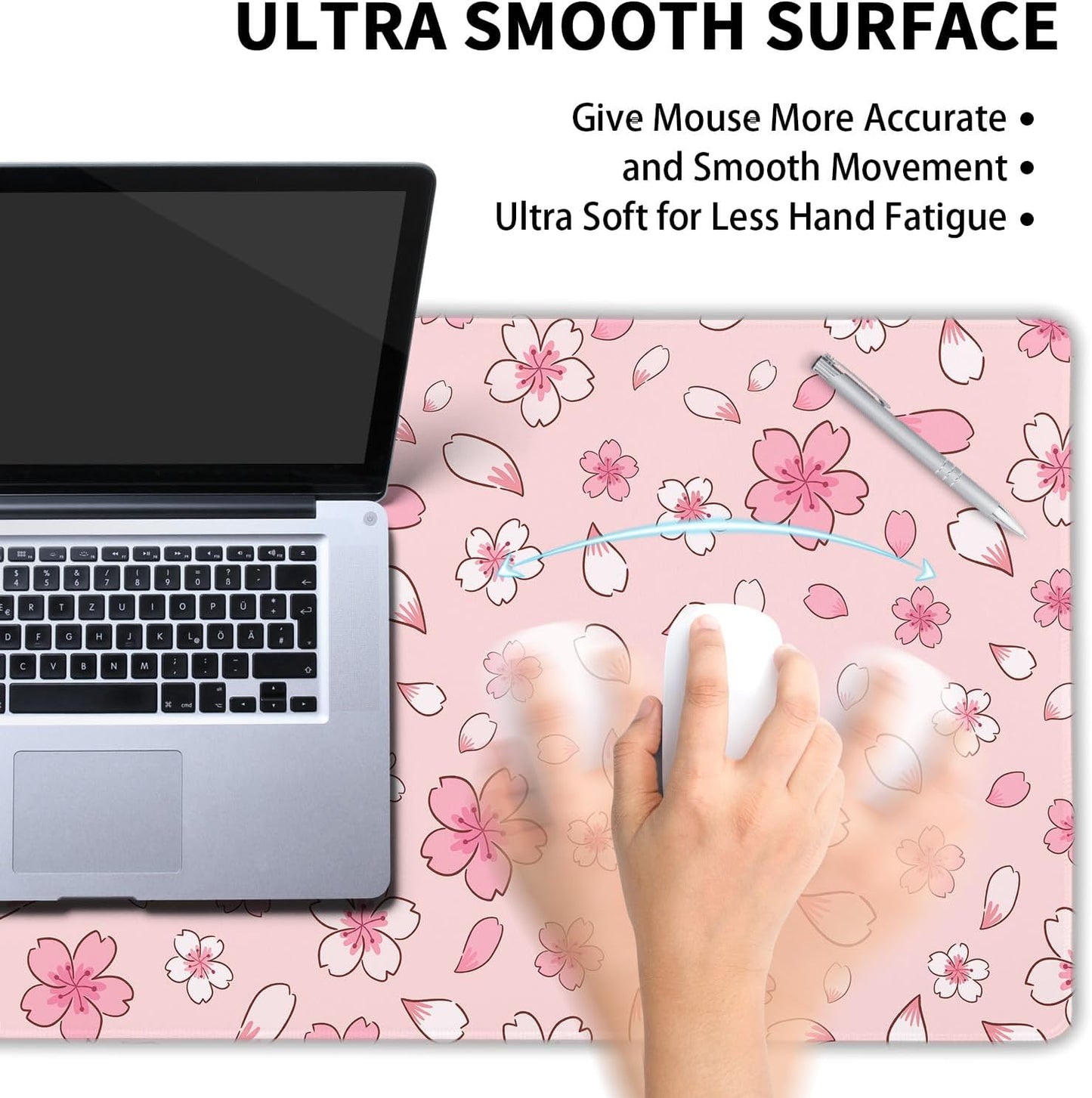 Pink Cherry Blossom Gaming Mouse Pad XXL Cute Anime Aesthetics Floral Extended Kawaii Flowers Large Mousepad Non-Slip Rubber Base Stitched Edge Keyboard Desk Pad Playmat for Computer,35.4×15.7 in