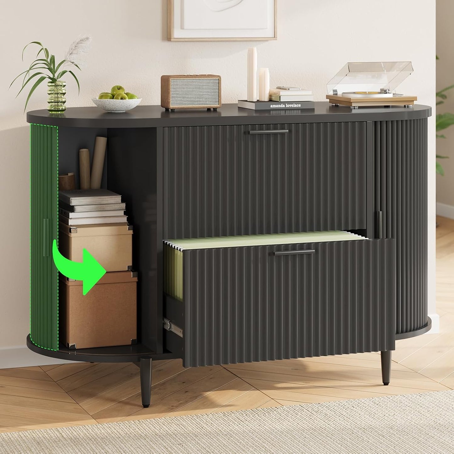 SEDETA 39.4" Filing Cabinet for Home Office, 2 Drawer File Cabinet, fit Legal/Letter/A4 Size, Modern Fluted Filing Cabinets with 2 Sliding Door Storage, Printer Stand, Black