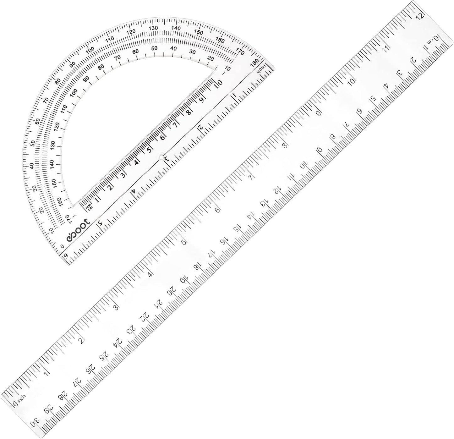 Zonon 2 Pack 12'' Plastic Ruler and 6'' Plastic Protractor Set Clear Ruler Protractor Set Math Geometry Supplies for School Classroom Home Office Drawing(Clear)