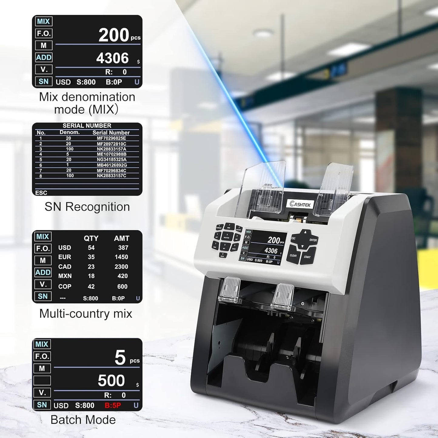 S75 Bill Counter and Sorter, Money Counter Machine Mixed Denomination, Two Pockets Cash Value Counter, Counterfeit Detection 2 CIS/UV/MG/IR, Serial Number, Multi Currency,2Yr Warranty