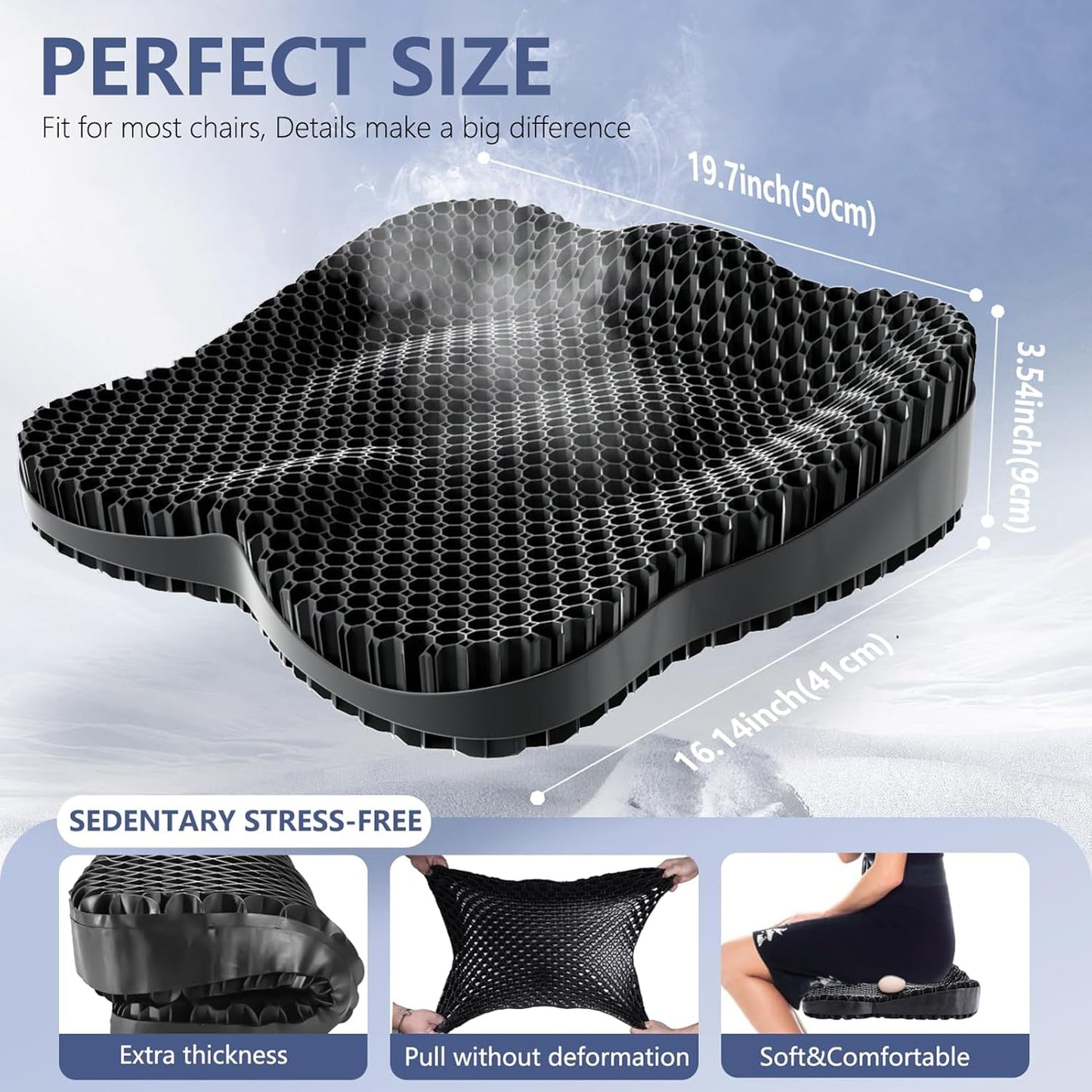 19.7in Thicken Cooling Gel Seat Cushion, Larger Gel Seat Cushion for Long Sitting Pressure Relief Seat Pad for Office Chair Egg Cushions for Car, Desk Chair, Wheelchair Cushion