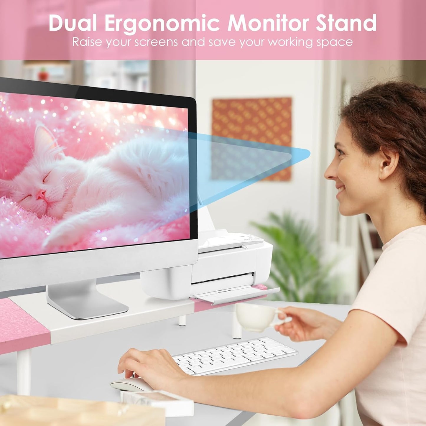 Dual-Monitor-Stand-Riser-For-Desk Adjustable Length 32-40 Inch，Large Desktop Computer Monitor Riser For 2 Screens，Desk Shelf Organizer Riser Stand For Computer/Laptop/PC/Printer/TV