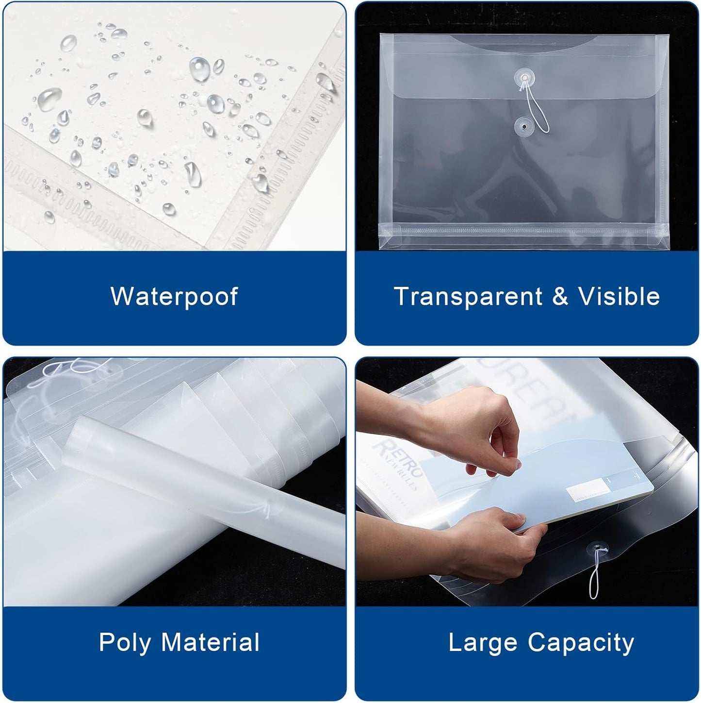 Clear Poly Envelopes with String Closure 20 Pack, EGOSKY Transparent Envelope Folders with Top Opening, Reusable Plastic File Folders for School Office Suppiles