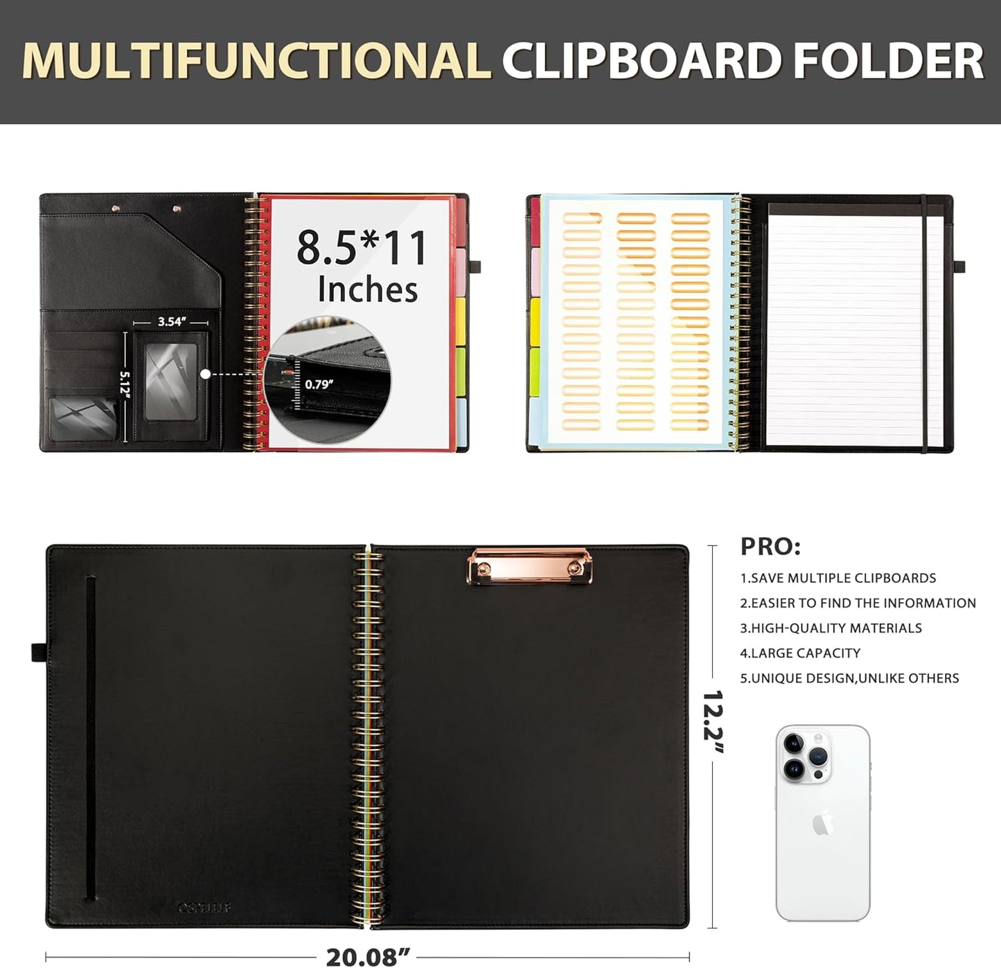 Clipboard with Storage for Men Women, Leather Padfolio Portfolio Organizer 5 Folders with 10 Pockets, Spiral Clipboard Folio with Notepad for Letter Size, Elastic Closure and Pen Loop Black