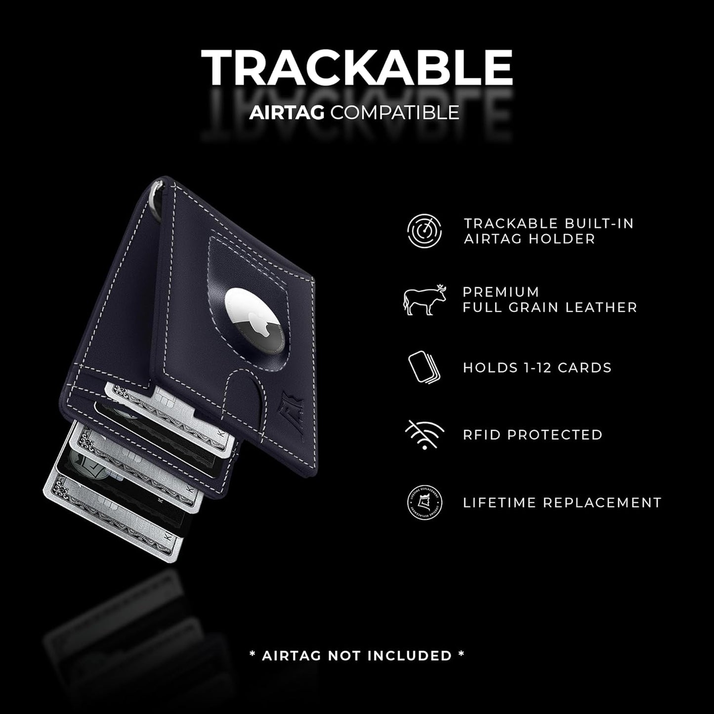 Kings Loot Trackable Airtag Wallet for Men | RFID Blocking Leather Design with Airtag Holder, Money Clip & Pull Tab | Minimalist Air Tag Wallets