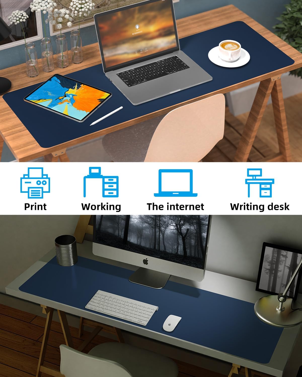 Non-Slip Desk mat,PULeather Desk Pad Protector, Office Desk Mat, Large Mouse Pad,Desk Blotter, Laptop Desk Pad, Waterproof Desk Writing Pad for Office and Home (Midmight Blue, 40" x 17")