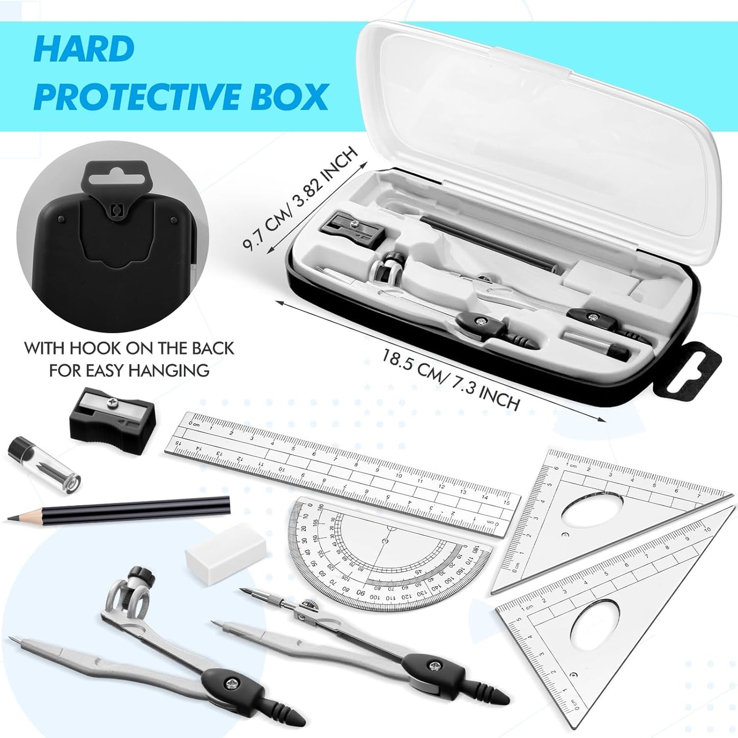 Zonon Math Geometry Set 10 Pcs Student Supplies with Shatterproof Storage Box, Includes Rulers Protractor Compass Pencil Sharpener Lead Refills Eraser Pencil for Drafting and Drawings (Black)