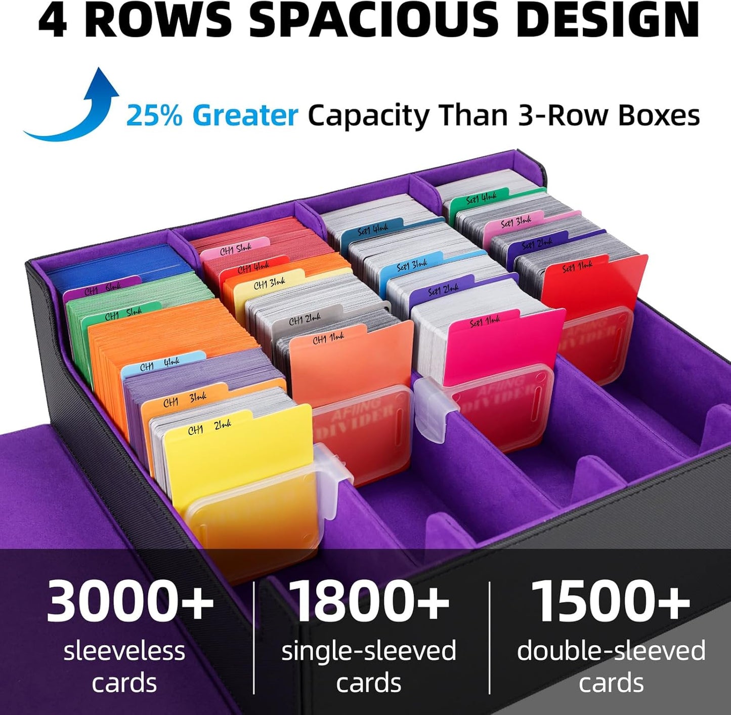 AFIING Trading Card Storage Box, MTG Deck Box with 48 Dividers & Supporters, Commander Card Deck Case Fits for Magic Game Cards, YugiOh, TCG, baseball and Sport Cards, Black Purple 3200+