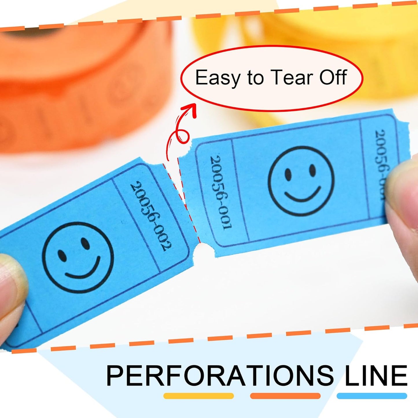 L LIKED 1500 Raffle Tickets Roll, 3 Assorted Colors, 1x2 Inch Smile Ticket for Events, Entry, Class Reward, Parties, Giveaways & Prizes (Yellow, Orange, Blue)