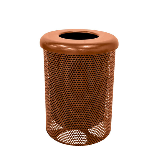 32-Gallon Heavy-Duty Punched Steel Round Trash Receptacle, Commercial Outdoor Waste Bin with Liner & Black Flat Top Lid – Made in America (Textured Copper)