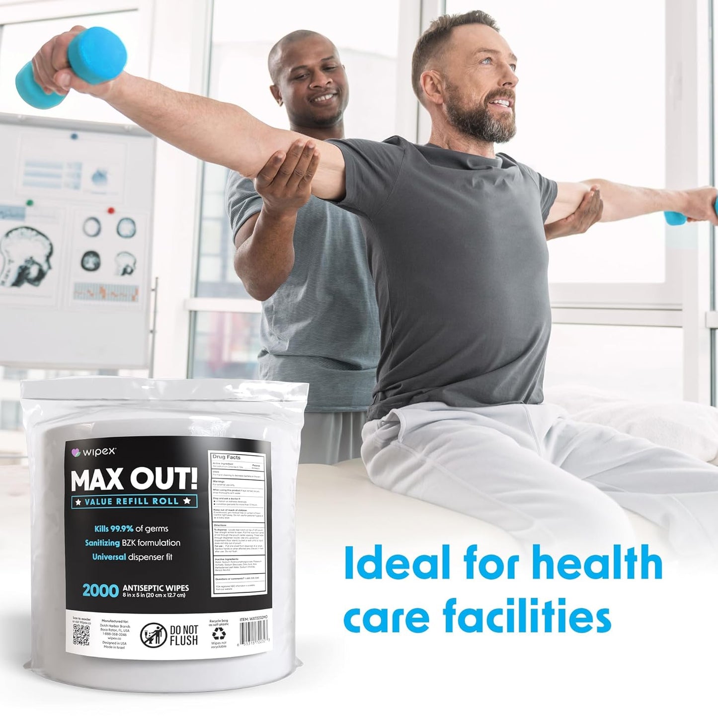 Wipex Max Out Sanitizing Wipes for Fitness Centers - 2000 Wipes Per Roll, Pack of 2, Economy Size Refill Rolls for Dispensers, 5"x8" - Ideal for High Volume Commercial Gyms, Schools & Studios