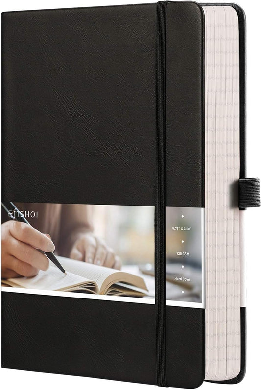 EMSHOI Graph Paper Notebook - 256 Pages A5 Graph Notebook/Journal, Hard Cover, 120gsm Thick Paper, Smooth PU Leather, Inner Pocket, 5.75'' × 8.38''-Black