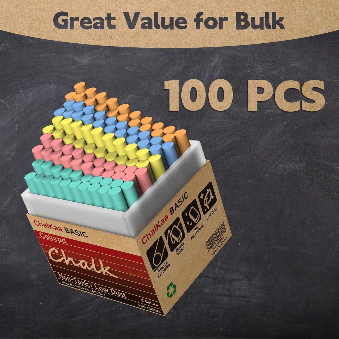 Colored Chalk 100PCS, 5 Colors, Low Dust Chalks Stick Bulk for Chalkboard Blackboard Non-Toxic
