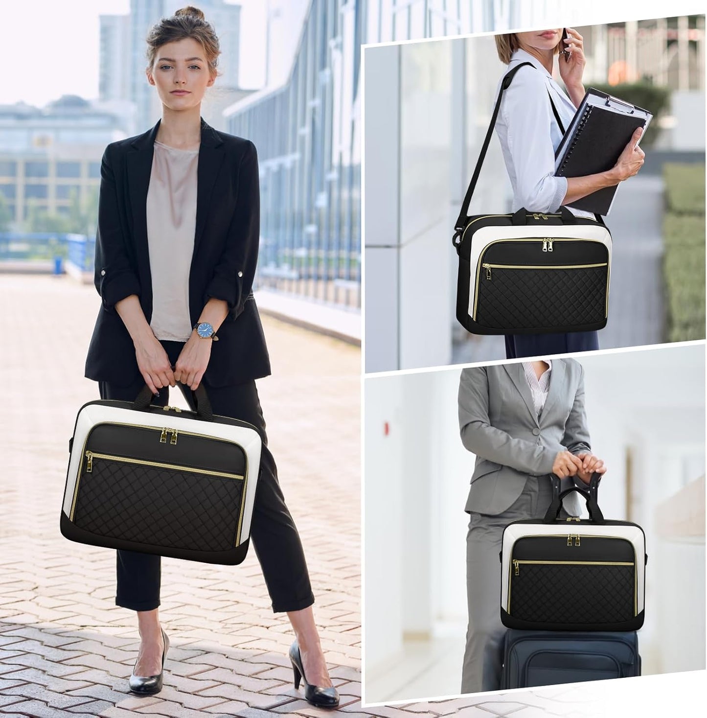 NEWHEY Laptop Bag 17.3 Inch Laptop Briefcase for Women Men Waterproof Shoulder Messenger Bag Large Computer Bag for Business Office Work College, Black&Beige