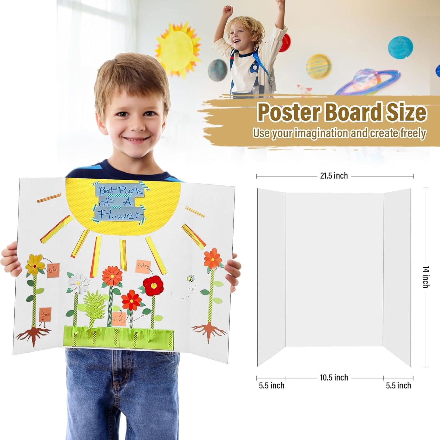12 Pcs Trifold Poster, 21.5x14 Inches Small White Poster Comes with Sticky Accessories, Corrugated Presentation Display Board for School Projects, Business Presentations