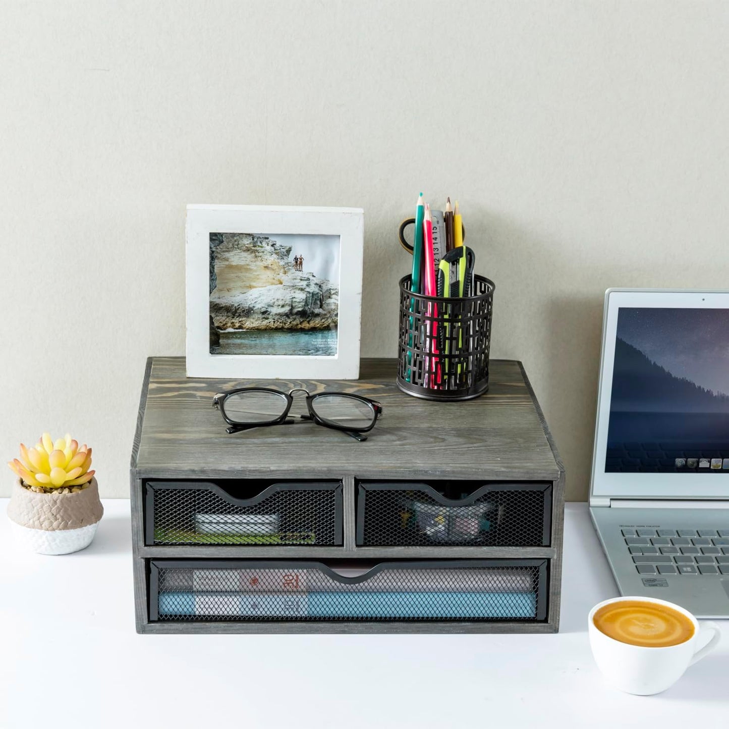 MyGift Vintage Weathered Gray Solid Wood Desktop Organizer Box with 3 Removable Black Metal Mesh Trays, Office Desk Supplies Storage Drawers for Accessories