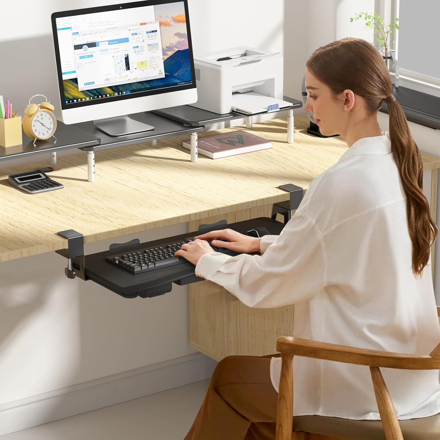 suptek Under Desk Keyboard Tray with Storage Drawer – 26.7" x 11.8" Large Workspace, Heavy-Duty C-Clamp Mount, Adjustable Height, Easy Installation – Perfect for Home Office, DSF6CT