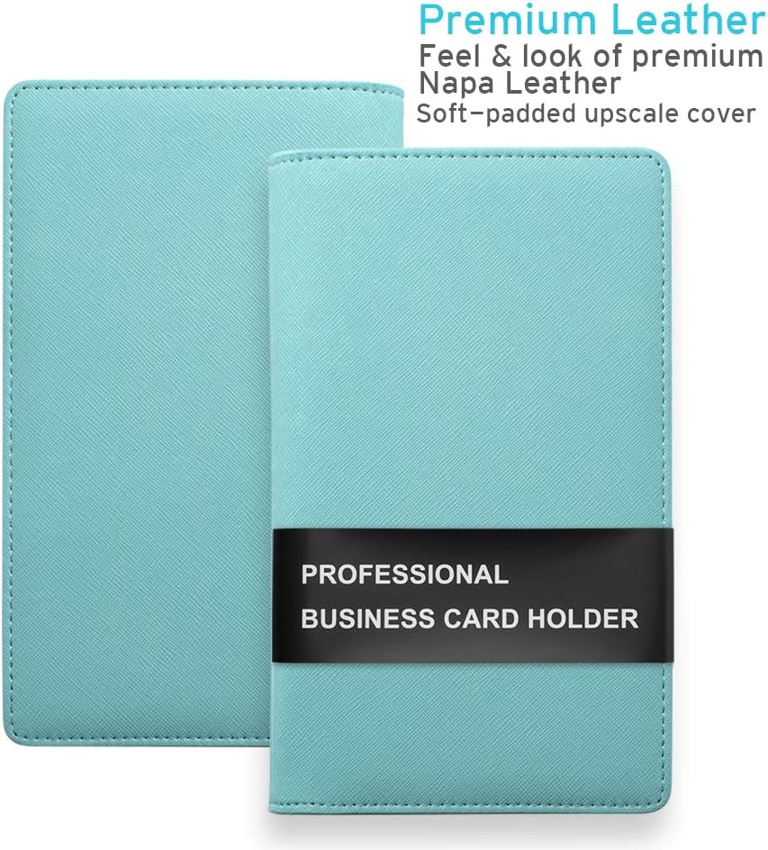 Sooez Leather Professional Business Card Book Holder Organizer, 240 Capacity Credit Card Booklet, PU Name Cards Holder Storage File for Men Women, Mint Green