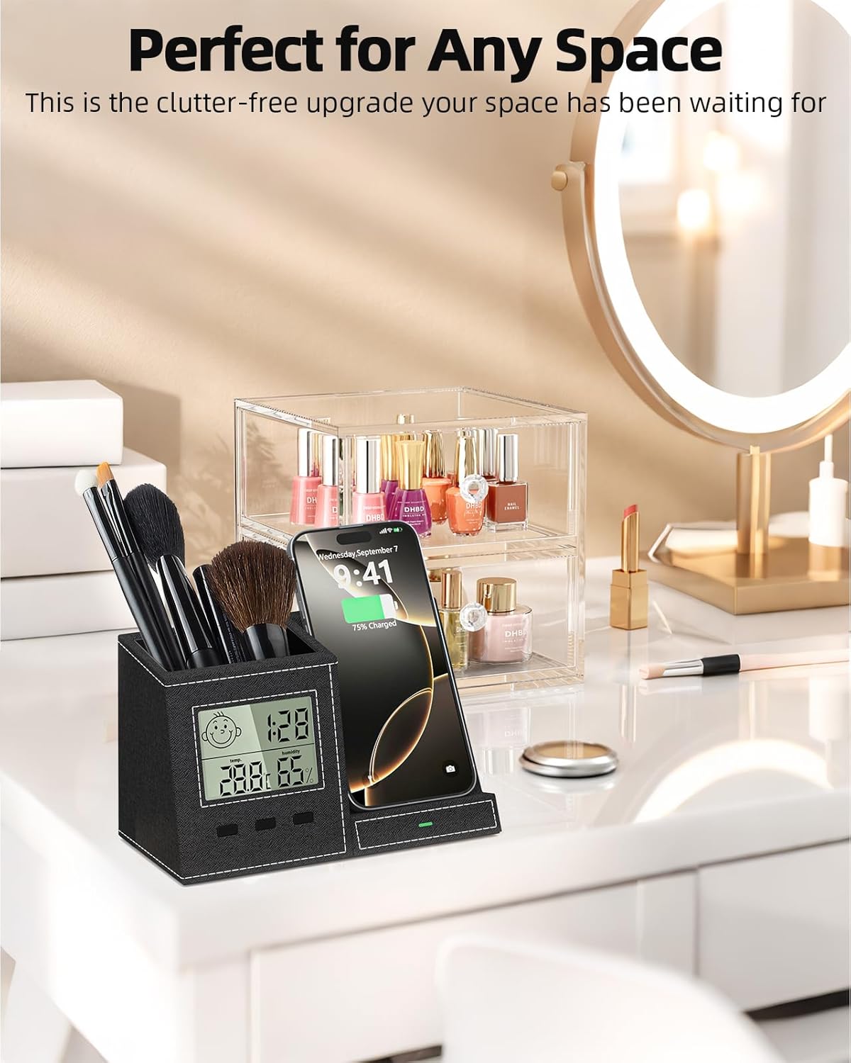 Multifunctional Pen Holder and Organizer for Desk with Wireless Charger, Digital Indoor Thermometer and Humidity Gauge, Home Office Organizers and Storage (Battery Included)