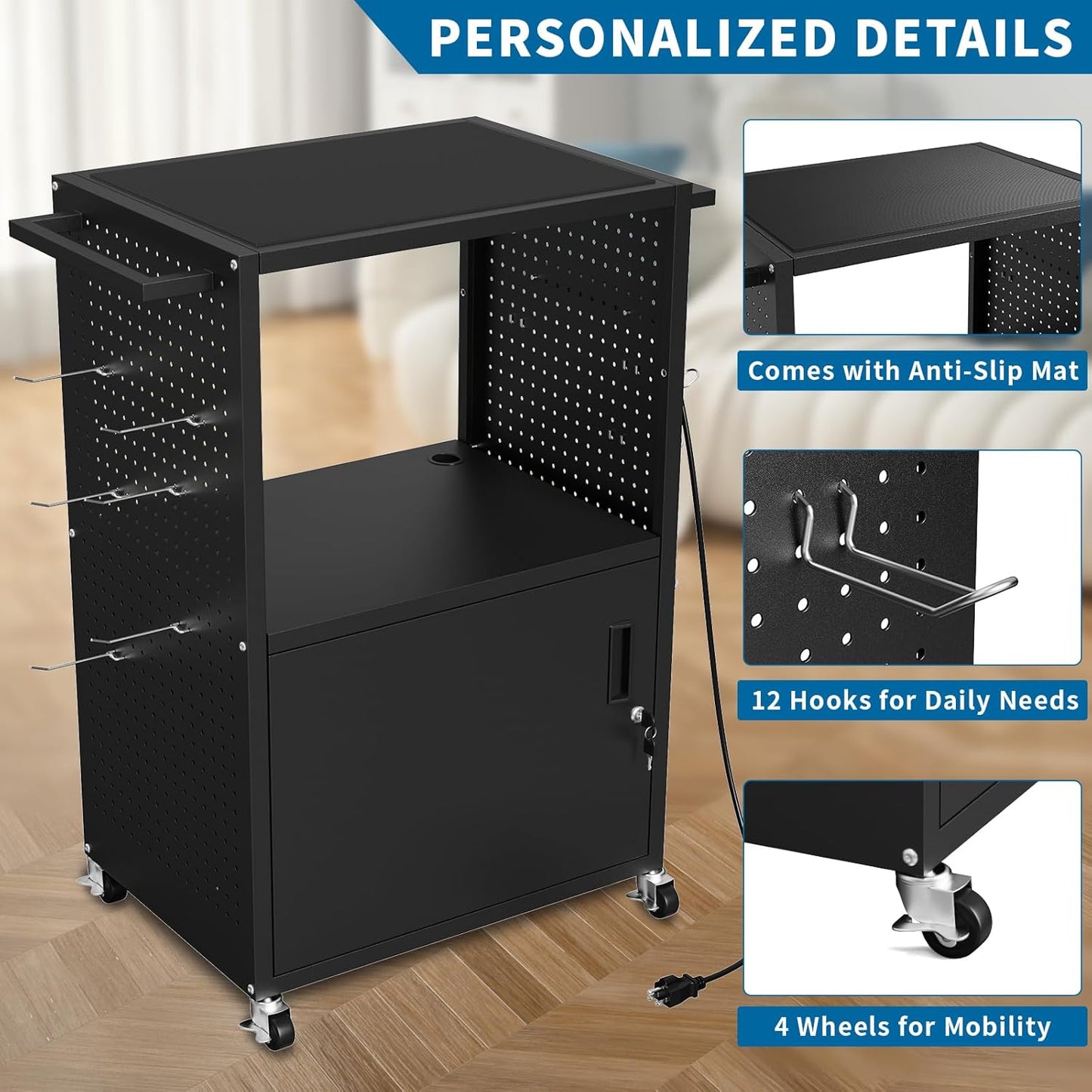 AV Presentation Media Cart Stand Up Desk with Storage Cabinet for Printer, Projector, Computers, TV, Rolling Storage Cart with Adjustable Shelves, Outlet and Cord for School Office Shop