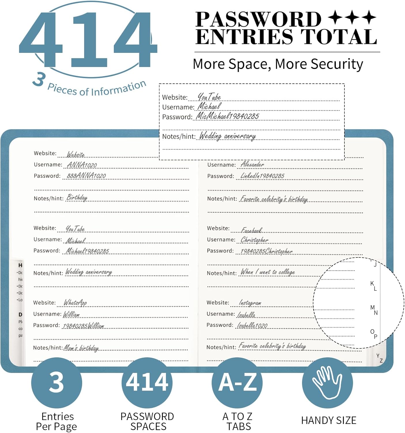 Password Book with Alphabetical Tabs, 4.5"x5.9"Small Pocket Password Keeper Book, 160 Pages/100GSM Hardcover Notebook, Password Organizer for Internet Website Address Login
