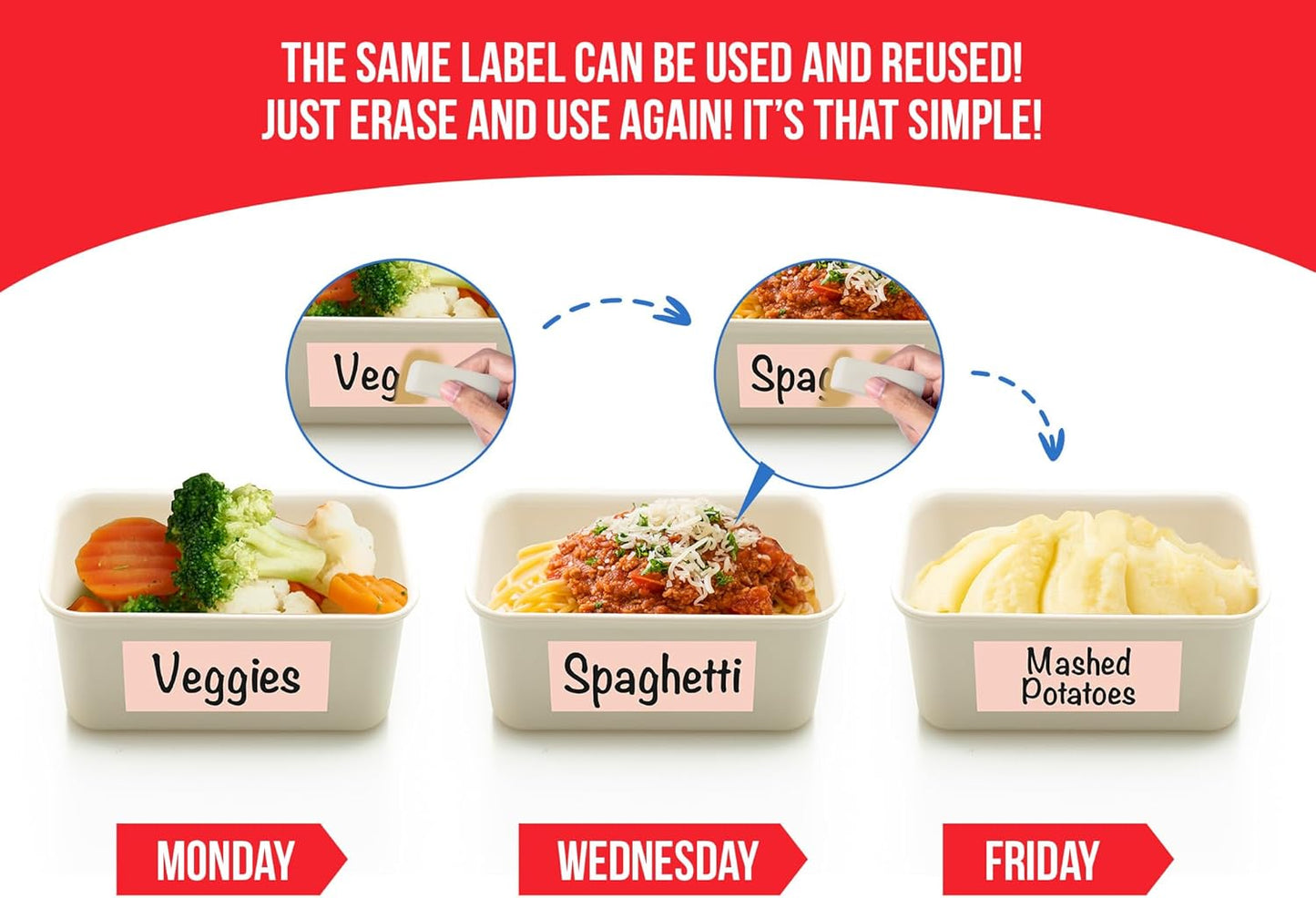 MESS Reusable Food Container Labels – Erasable, Removable Dry Erase Labels for Kitchen, Freezer, and Fridge Organization (1x3 & 1.5", Pastel)