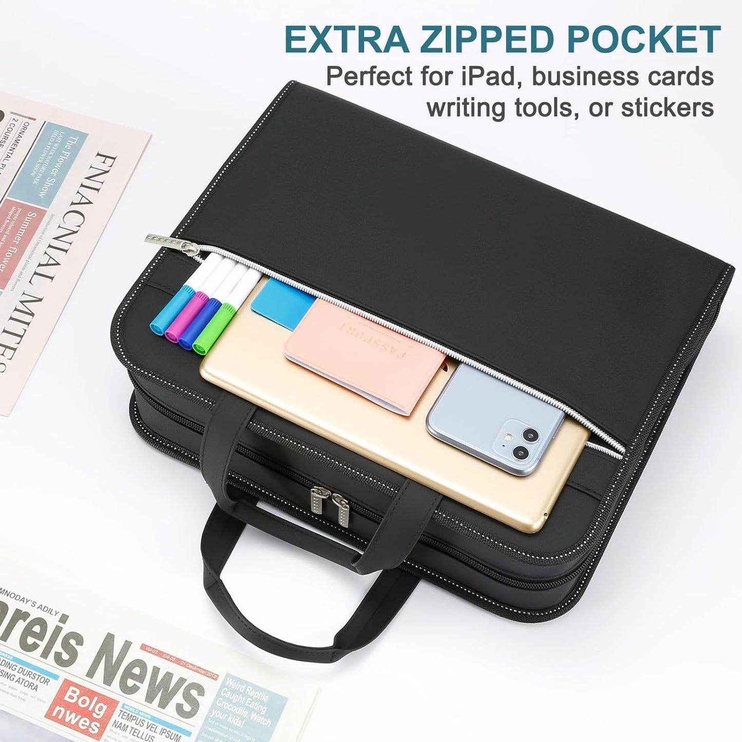 SEEKIND PU Leather Accordion File Organizer with Handle & Strap，12 Pockets Expanding File Folder with Zipper & Labels，Portable Document Organizer File for Letter A4 Files