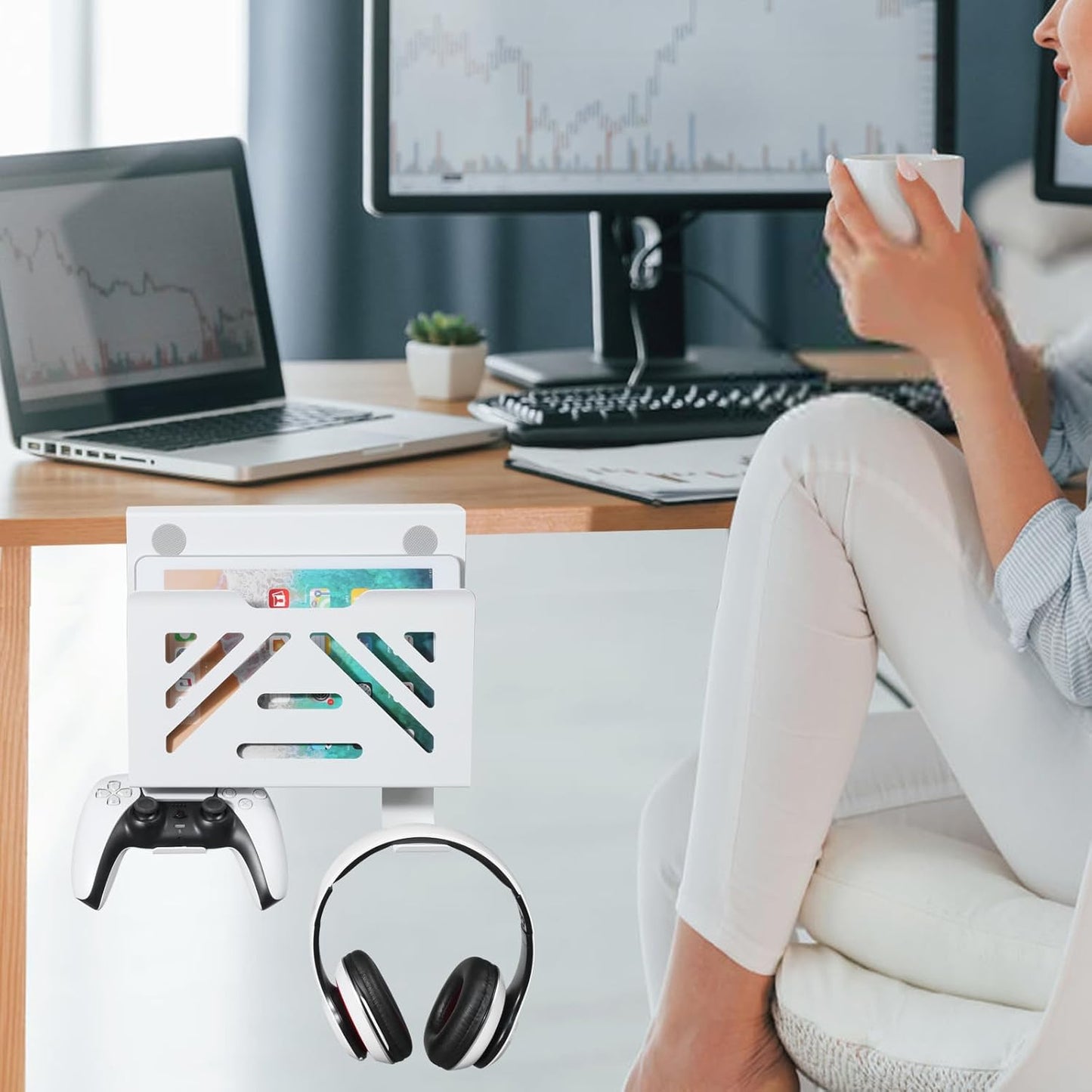 MAXECHO Desk Side Storage, Under Desk Laptop Mount, Table Side Hanging File Organizer, No Drill Clamp On Cable Management Tray, Laptop Holder with 2 Hooks for Office and Home, Load 22 Lbs