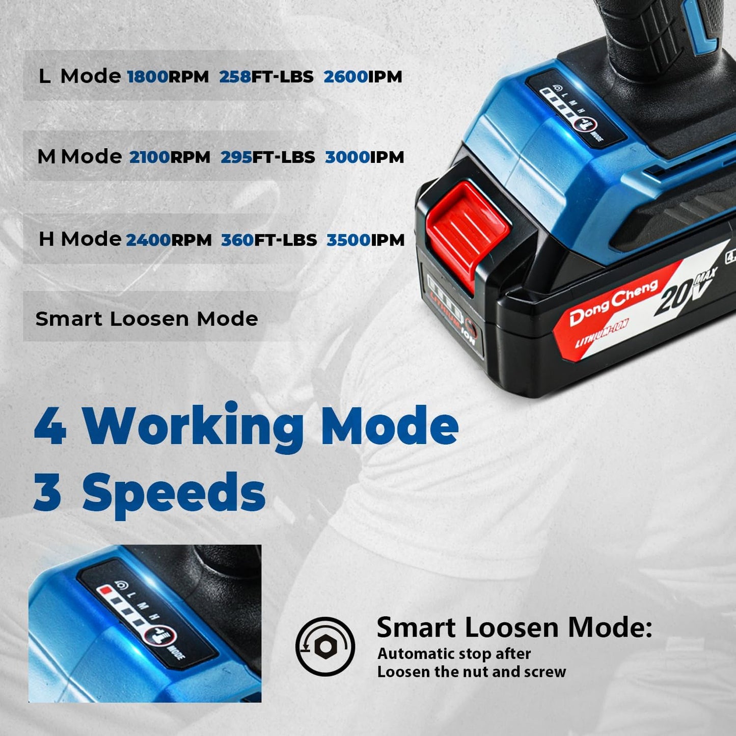 Dong Cheng 20V Brushless Impact Wrench, Max Torque 360 ft-lbs (488N.m), 1/2 inch with 3 Mode Speed, 2400 RPM Cordless Impact Gun, Includes 4.0Ah Battery, Charger, 4 Impact Sockets and Kit Bag