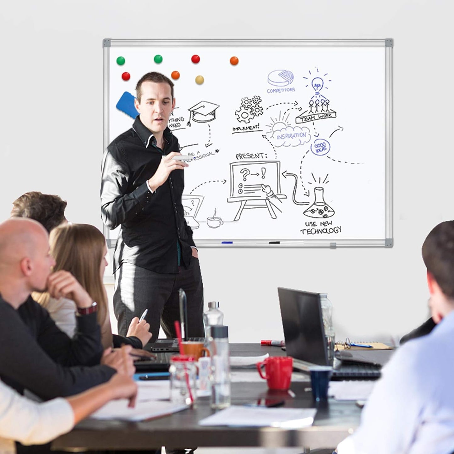 H-Qprobd Dry Erase Board for Wall Aluminum Presentation Magnetic Whiteboard with Long Pen Tray, Wall-Mounted White Board for School, Office and Home (40"x28")