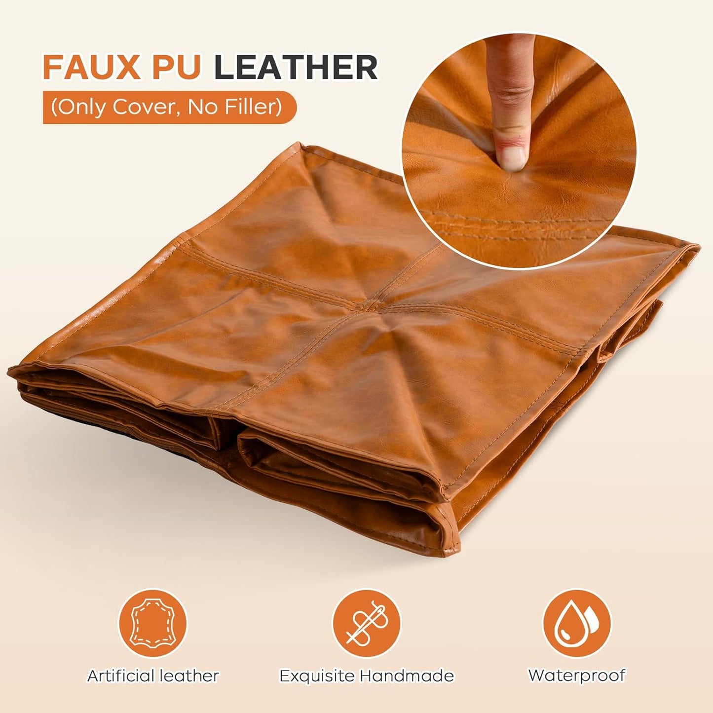 Pouf Ottoman Cover, 17.7" Square Unstuffed Pouf Cover, Faux PU Leather Moroccan Poofy Ottoman Footstool, Brown No Filler Footrest, Floor Chair Gifts Foot Rest for Living Room, (Only Cover)