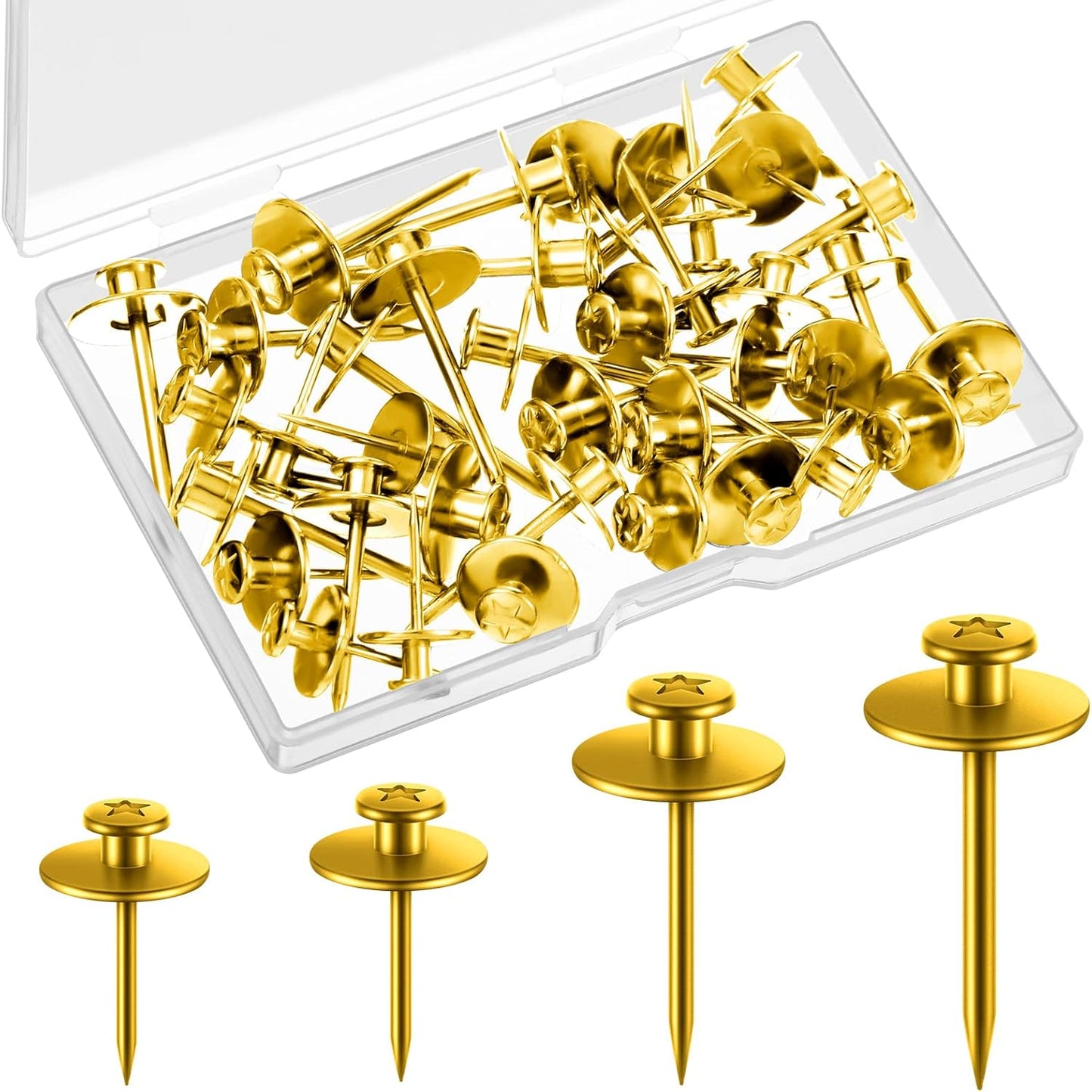 Zhengmy 40 Pcs Double Headed Picture Hangers Nails 4 Size Long Thumb Tacks Wall Nails for Hanging Pictures Decorative Push Pins Hooks for Drywall Photo Office Home Decor, 20/30/ 40/ 50lb(Gold)